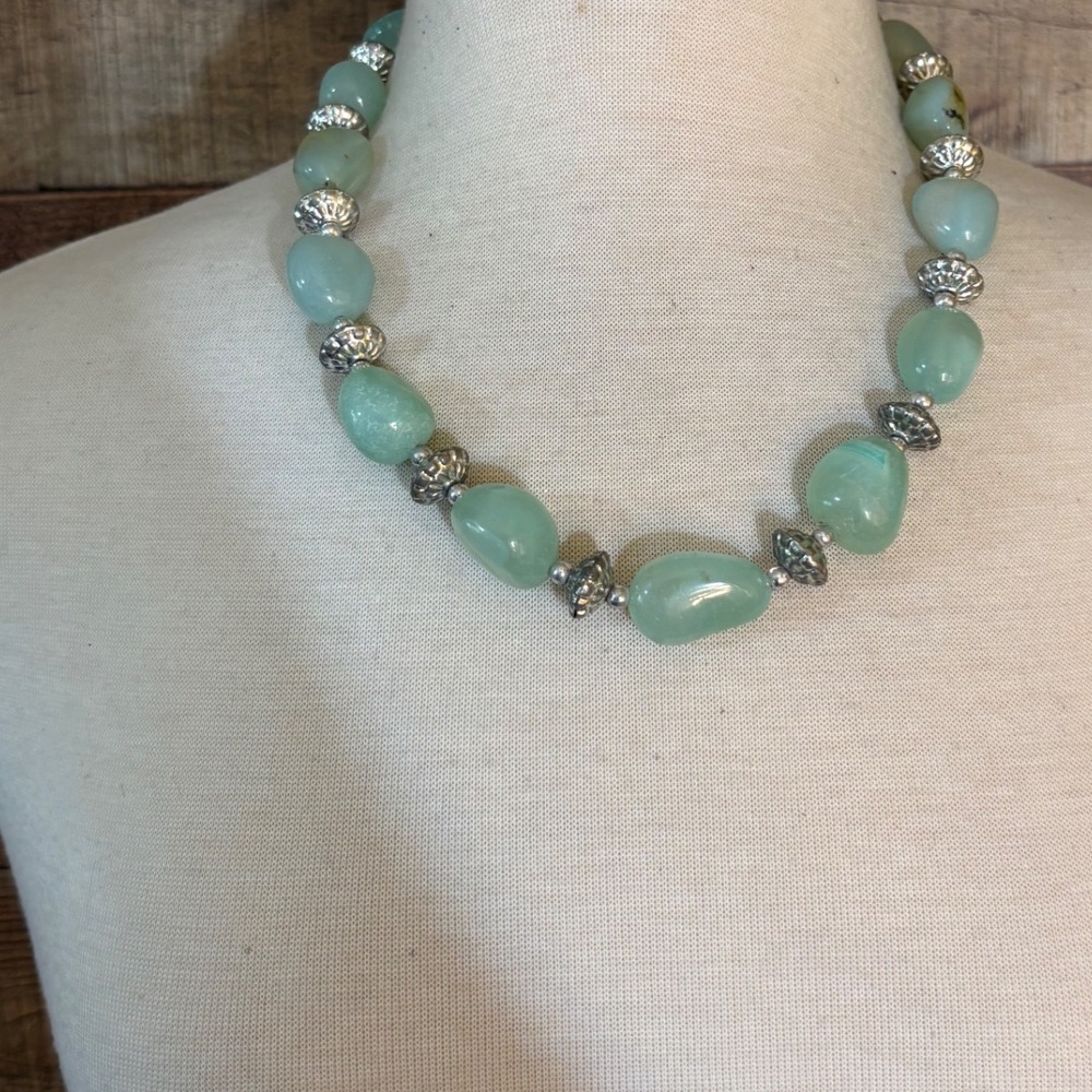 Chunky Green Stone Nugget Statement Necklace Silver Tone Filigree Accents